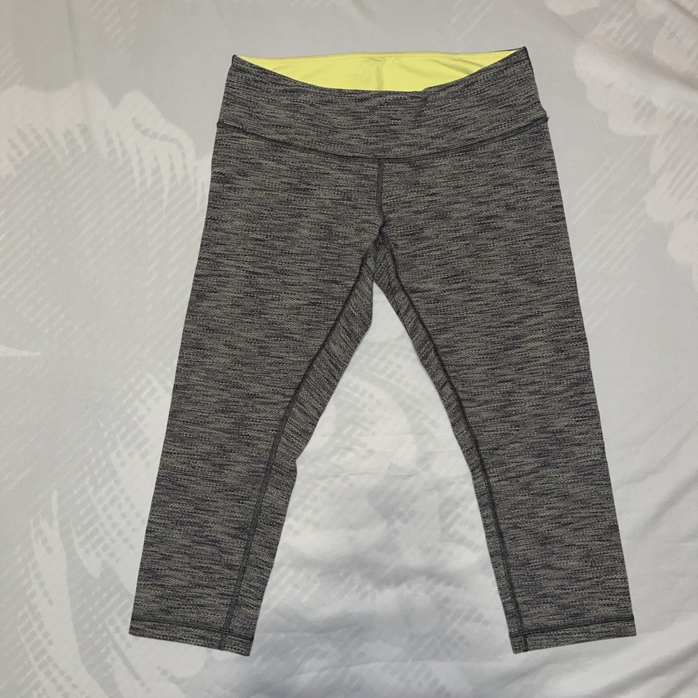 Lululemon Wunder Under Crop II Leggings Gray Space-Dye Yellow Waistband 8
